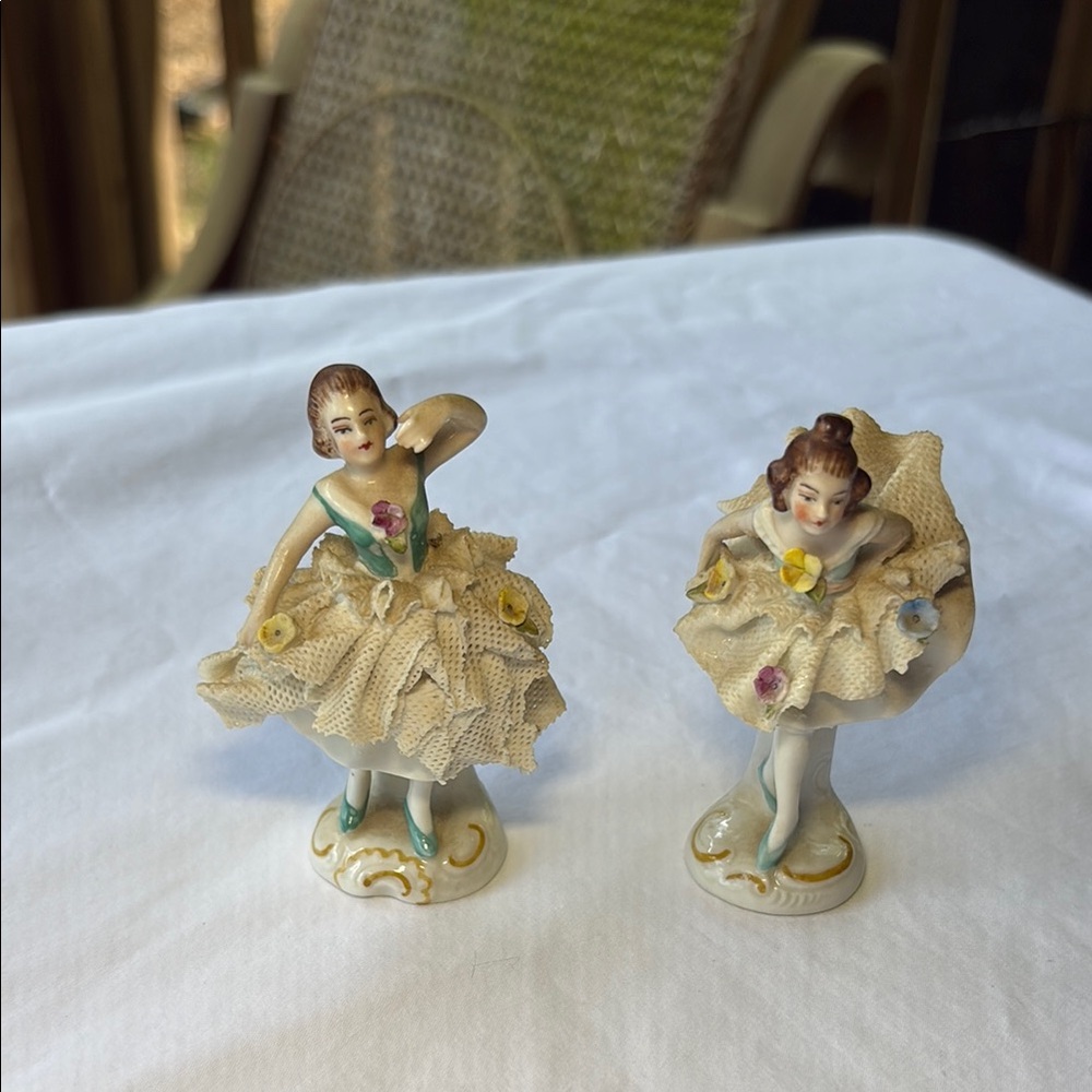 Pair of Dresden Delicate Lace Porcelain Dancing Lady Figurines